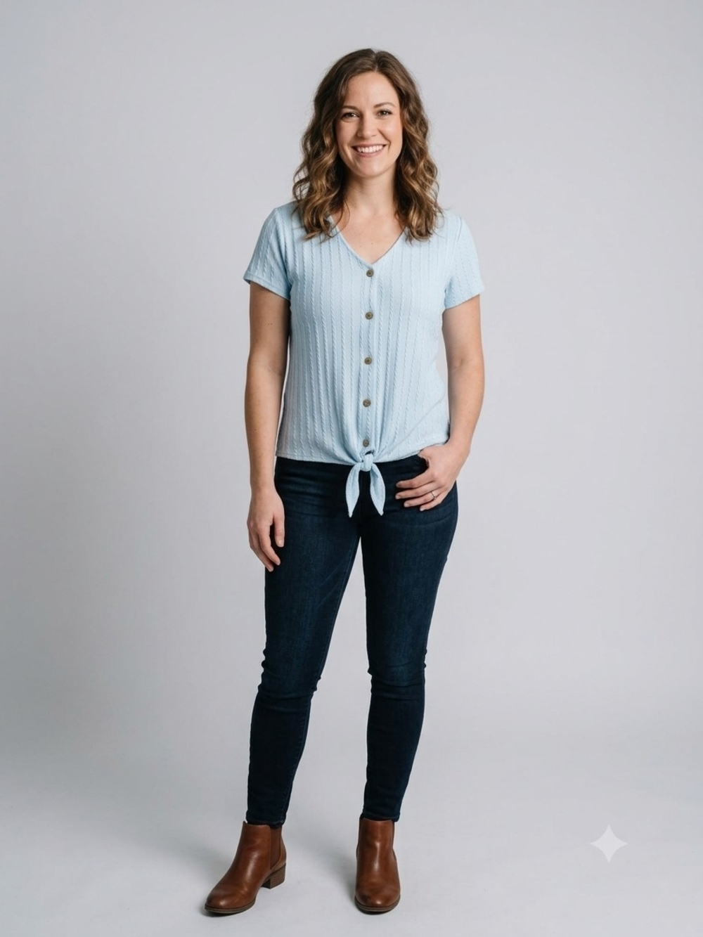 Light Blue Short-Sleeve Button Tie-Front Blouse